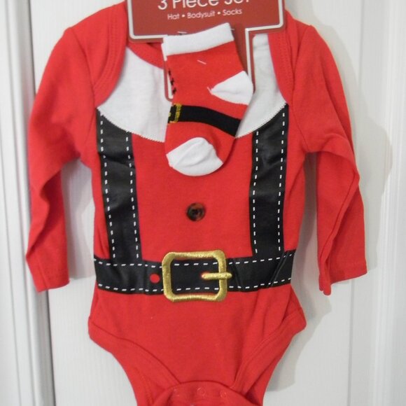Bloomin' Baby Christmas Bodysuit Hat Socks Set 3-6 Months NWT Red Santa Suit NEW - Picture 1 of 3